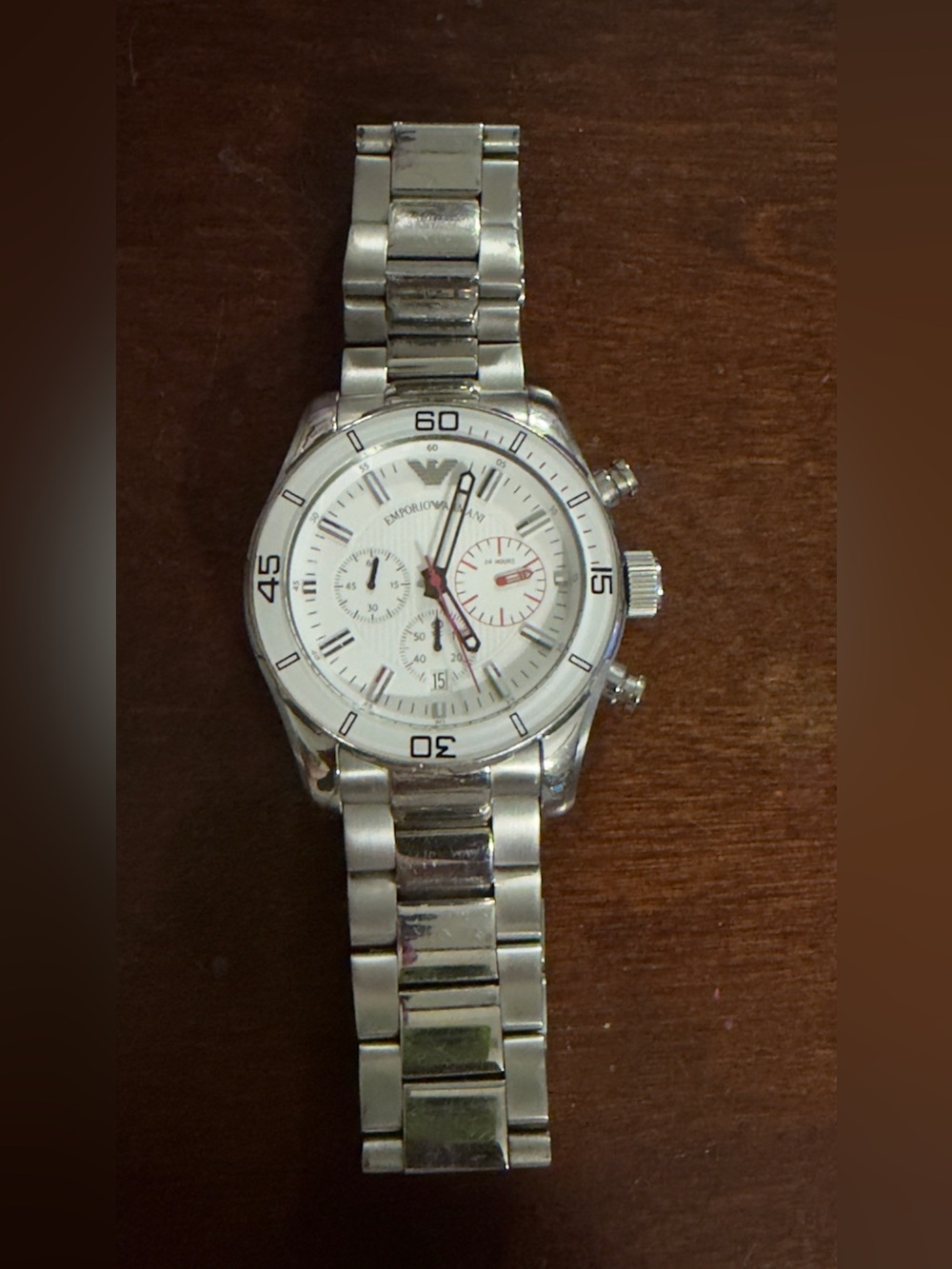 Emporio Armani Silver and White Chronograph Bracelet Watch